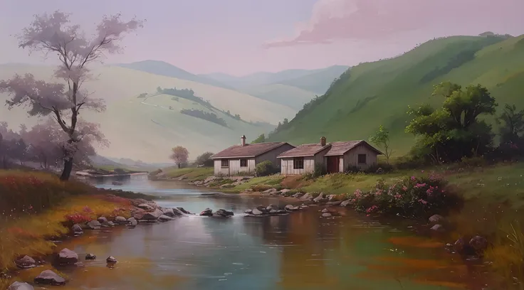 painting of a small house with a running stream ,com montanhas ao fundo,super realista 8k e um homem de meia idade, hat on head, A guitar on the back composing the landscape