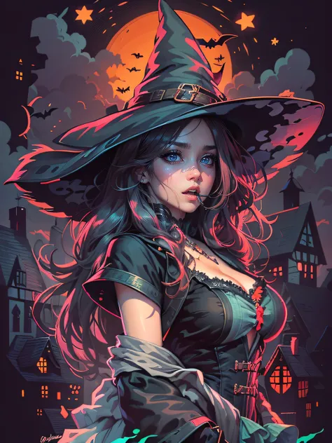 High quality design vector style image, t-shirt print style, graphic art white background of a Halloween art style, bright and realistic colors, style sexy witch with a pointy hat, fantasy style scenery halloween