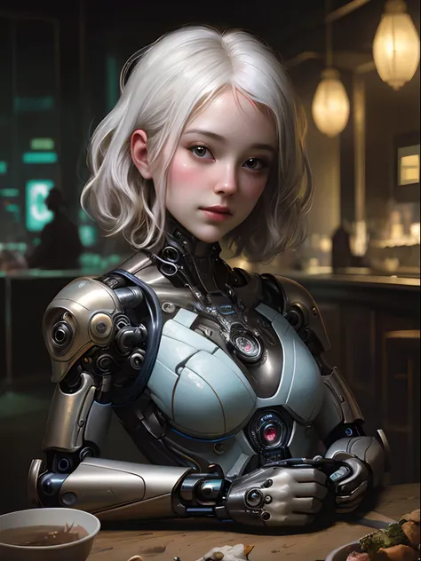 stunning photorealistic portrait photograph of a beautiful cyberpunk girl, albino, white shapeless cyberpunk hair, white eyebrows, baroque intricate cybernetic armor, hyperdetailed painting, luminism, Bar lighting, complex, 4k resolution concept art portra...