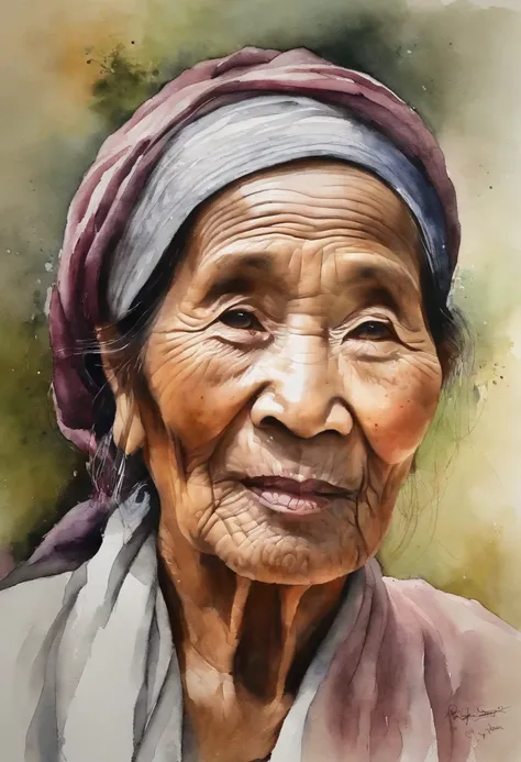 retrato em aquarela de (( Aung Sann Su Kyi )),  65 year old lady with calm look and wise appearance. flores no cabelo ...