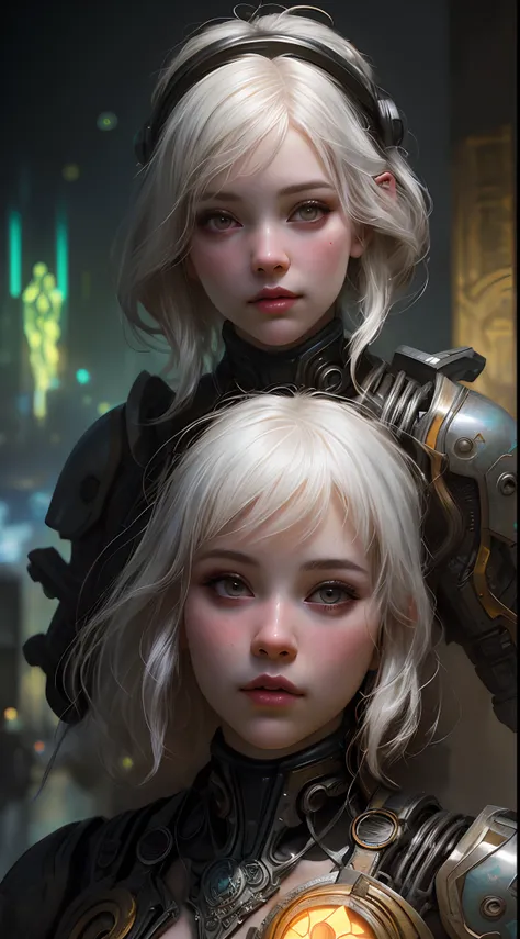 stunning photorealistic portrait photograph of a beautiful cyberpunk girl, albino, white shapeless cyberpunk hair, white eyebrows, baroque intricate cyber armor, hyperdetailed painting, luminism, Bar lighting, complex, 4k resolution concept art portrait by...