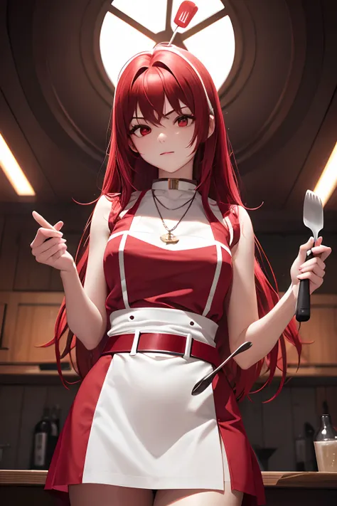 1 saint priest, red and white dress, red eyes, red hair, 16 years old girl, Spatula in hand, Best Quality, Ultra High Resolution, high detailed skin, belt, religious necklace, in a spatula world