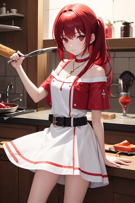 1 saint priest, red and white dress, red eyes, red hair, 16 years old girl, Spatula in hand, Best Quality, Ultra High Resolution, high detailed skin, belt, religious necklace, in a spatula world