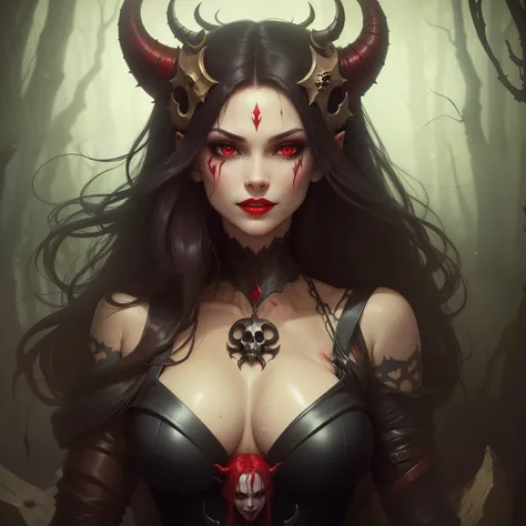 beautiful demoness with a mean smirk, nsfw, full body, vagina wet, dark forest, skull and bones, red demon eyes, horn on head, red lipstick