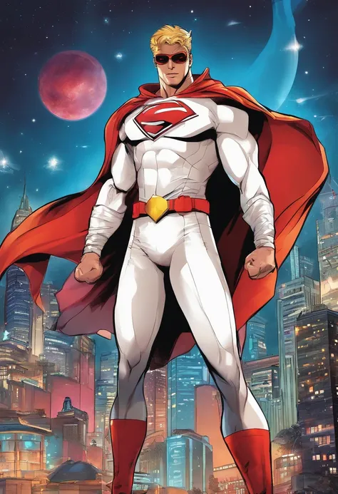 (best quality,4k,8k,highres,masterpiece:1.2),ultra-detailed, book,illustration,superhero,white costume,star on chest,red hooded cape with stars,futuristic galaxy glasses,man,masculine,heroic pose,cityscape background,vibrant colors,sharp focus,comic style ...