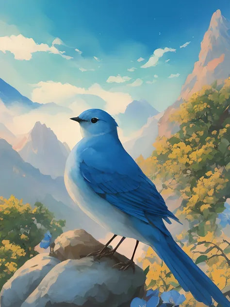 painting of a blue bird sitting on a rock with a mountain in the background, blue bird, beautiful art uhd 4 k, detailed painting 4 k, painted in anime painter studio, jen bartel, inspired by Koson Ohara, anime nature, makoto shinkai cyril rolando, highly d...