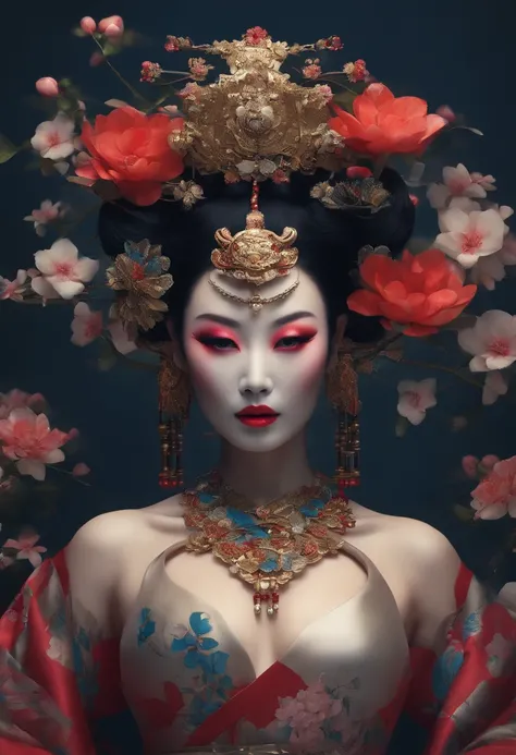 the geisha with the flowers on her face, fully nude, clothes off, in the style of futuristic robots, cinematic montages, appropriation artist, schlieren photography, traditional animation, intricate body-painting, dynamic anime --ar 69:128 --s 750 --v 5.2