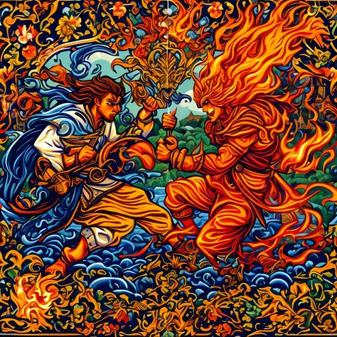 a close up of a painting of a man and a woman fighting, persian folklore illustration, battle between good and evil, persian folktale artstyle, persian folktale art style, el bosco and dan mumford, jesus christ fighting lucifer, maxim sukharev, inspired by...