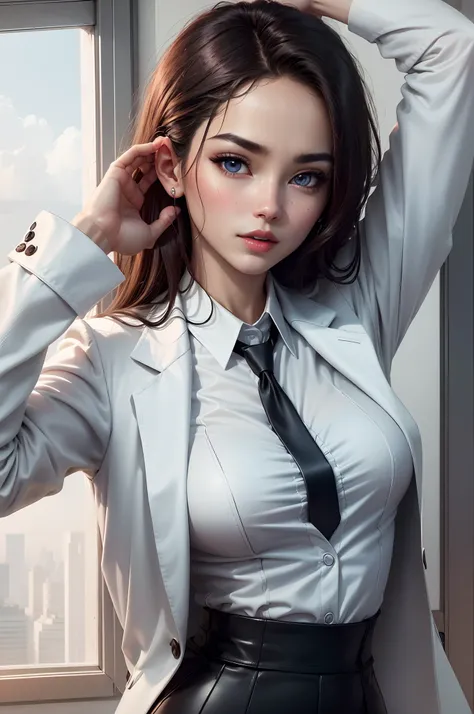 Woman wearing white business suit for office, ((Best quality, 8k, Masterpiece :1.3)), dramatic lighting, pretty woman, perfect chest siza, angel face, amazing blue eyes,whute skin, white face, red lips with perfect look, berfect face, wearing black shirt c...