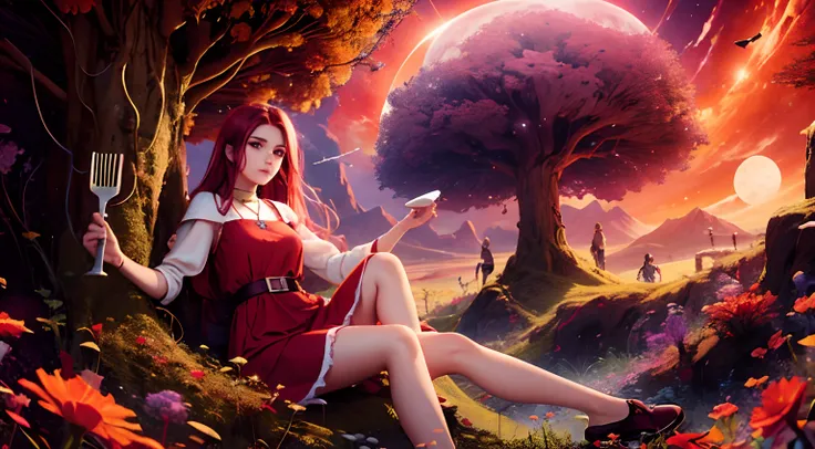 1 saint priest, red and white dress, red eyes, red hair, 16 years old girl, Spatula in hand, Best Quality, Ultra High Resolution, high detailed skin, belt, religious necklace, in a fantasy meadow, purple glowing tree, red sun