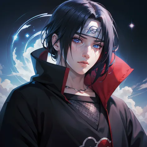 master part, (itachi uchiha OLHOS AZUIS LINDOS GRANDES E BRILHANTES) Blue eyes detailed like blue crystal from the sky, 1st grade, perfect composition, super realistic, circunstanciado, rosto e corpo realistas,