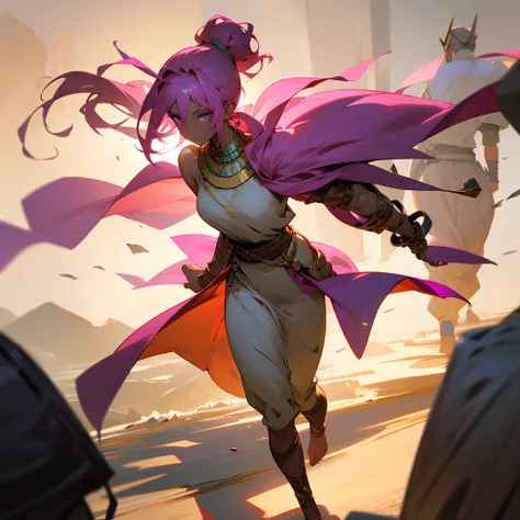 1female, dark skin, messy pink hair man bun, grey eyes, loose egyptian fancy clothes, jewelry, bandages wrapped around arms, posing with hands in pocket, best light and shadows, oasis city, walking down path, solo