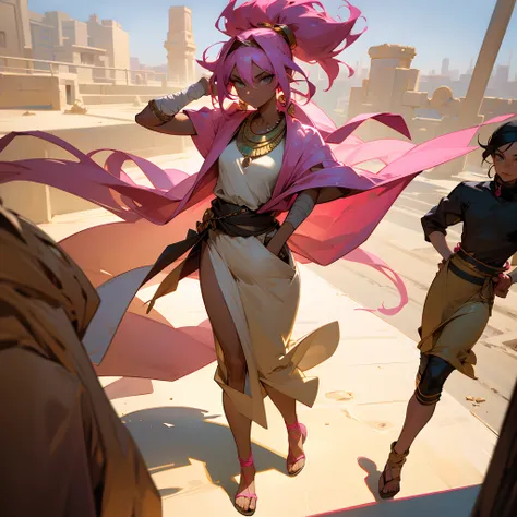 1female, dark skin, messy pink hair man bun, grey eyes, loose egyptian fancy clothes, jewelry, bandages wrapped around arms, posing with hands in pocket, best light and shadows, oasis city, walking down path, solo