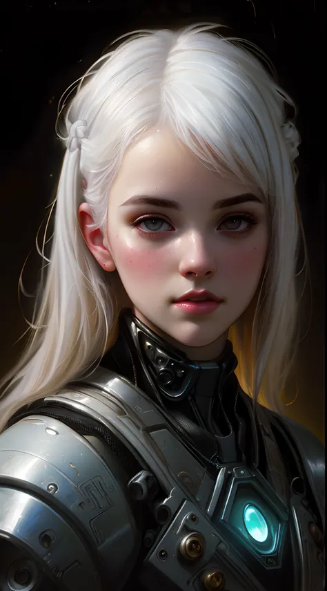 Stunning photorealistic portrait oil painting of 1 beautiful cyberpunk girl, albino, white shapeless cyberpunk hair, ((white eyebrows)), baroque intricate cyber armor, solo, hyperdetailed painting, luminism, Bar lighting, complex, 4k resolution concept art...