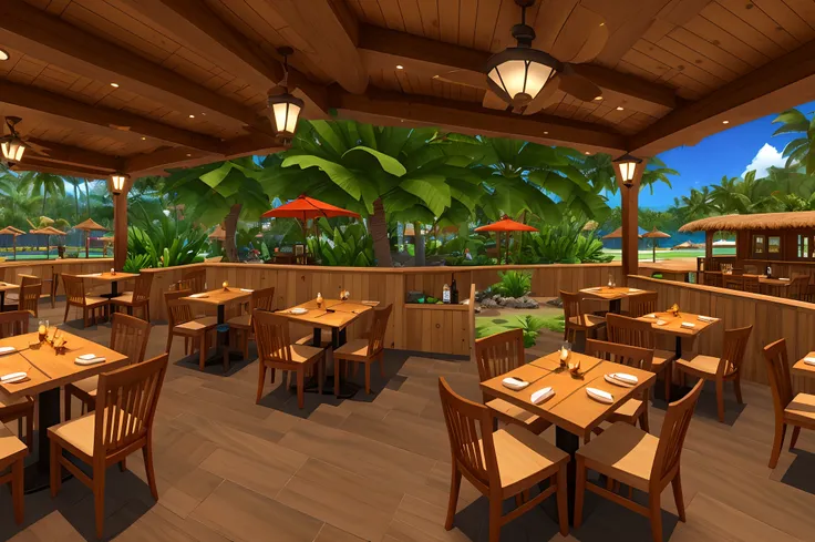 tropical colored Hawaiian Roblox restaurant with mai tai and grilled chicken huts and grills with happy customers and servers