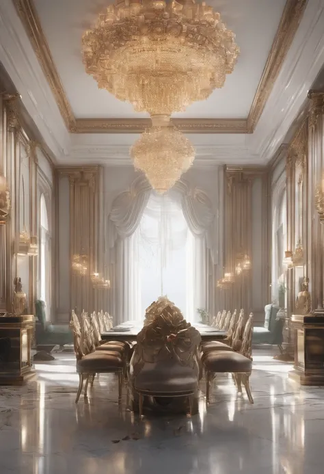 There is a dining room with a table and chairs and a chandelier, CGSetalidade 9, Futuristic Persian Palace, Motor irreal CGSetivity, Redshift Houdini, Futuristic. Jogo CG, unreal motor cinema4d, interior cyberpunk ornamentado, Hyper-realistic symmetrical 8...