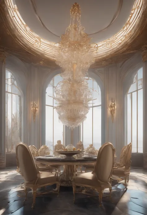 There is a dining room with a table and chairs and a chandelier, CGSetalidade 9, Futuristic Persian Palace, Motor irreal CGSetivity, Redshift Houdini, Futuristic. Jogo CG, unreal motor cinema4d, interior cyberpunk ornamentado, Hyper-realistic symmetrical 8...