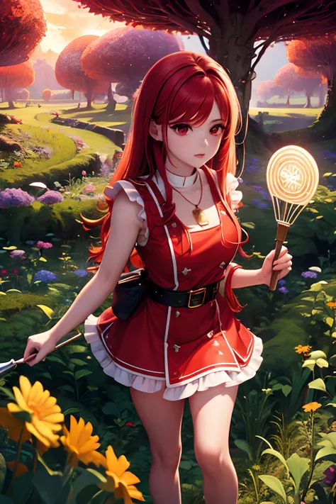 1 saint priest, red and white dress, red eyes, red hair, 16 years old girl, Spatula in hand, Best Quality, Ultra High Resolution, high detailed skin, high detailed face, belt, religious necklace, in a fantasy meadow, purple glowing tree, red sun, Best Qual...