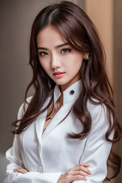 Woman wearing military suit as  officer, wearing tigh, ((Best quality, 8k, Masterpiece :1.3)), dramatic lighting, pretty woman, perfect chest size , angel face, amazing blue eyes,white skin, white face, red lips with perfect look, berfect face, wearing bla...