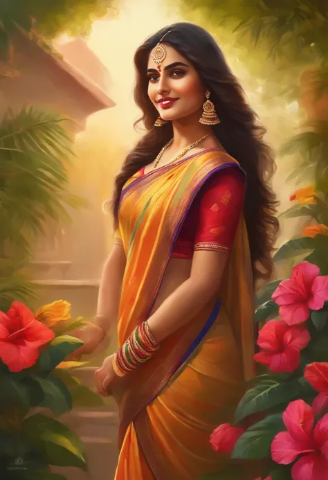 a girl with exotic facial features, vibrant eyes, and long flowing hair, surrounded by lush greenery and tropical flowers, in a traditional Indian saree, standing gracefully in a colorful garden filled with blooming roses and hibiscus, the sunlight casting...