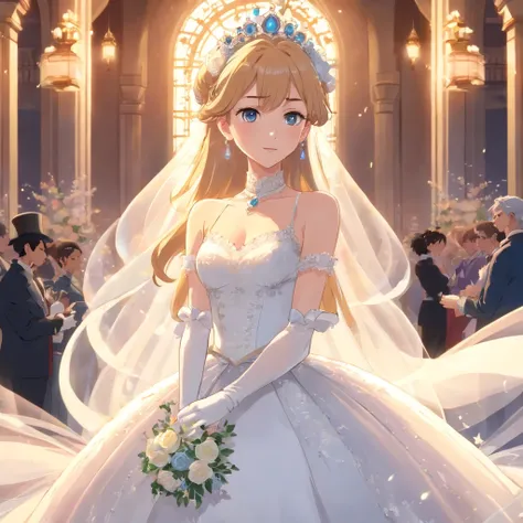 Best quality, Masterpiece, a stunningly beautiful Greer Grammer as a royal bride wearing a stately and elaborate royal wedding dress of white satin and tulle adorned with huge ribbon bows, lace, frills, flounces, embroidery and jewels, with enormous puffed...