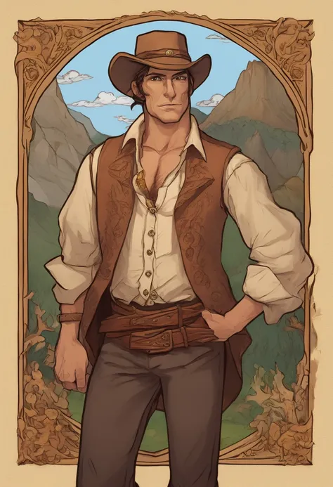 Retro, dark fantasy, hand painted, in the style of an 80s fantasy book cover. A large half-elf with small pointed ears. Wearing a monocle. Shaved hair. Cowboy outfit, Full body portrait. Standing in the corner of a western-style saloon. Mediterranean skin ...