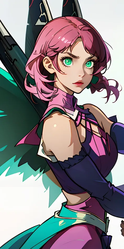 Alisa Rosto bonito, olhando para o espectador, Symmetrical perfect green eyes, cabelo curto rosa multicor, mechanical wings, fundo desfocado, parte superior do corpo, contemporary, vestido, tekken