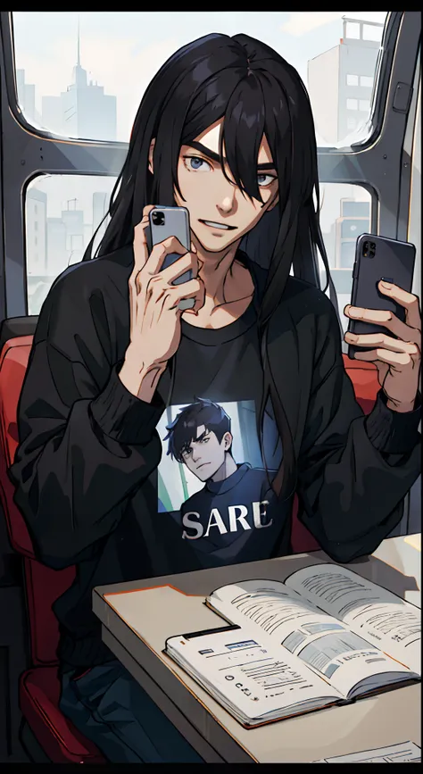 A handsome boy, 20 years old, a psychopath face, mouth half open, hair is long, long hair with bangs, wearing a black sweatshirt, and holding a mobile phone in his hand, cell phone call