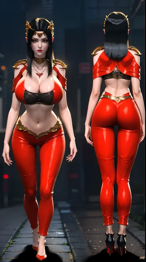 1GIRL, SOLO, COQUETTE, (HAIR ORNAMENT, NECKLACE), (WET HUGE FAKE BOOBS:1.3), (STREET CITY BACKGROUND), (FUTURISTIC RED MECHA CROP TOP, ROYAL CAPE, CLEAVAGE:1.2), (SKINTIGHT YOGA PANTS, HIGH HEELS:1.2), (PERFECT BODY, FULL BODY VIEW:1.5), (LOOKING AT VIEWER...