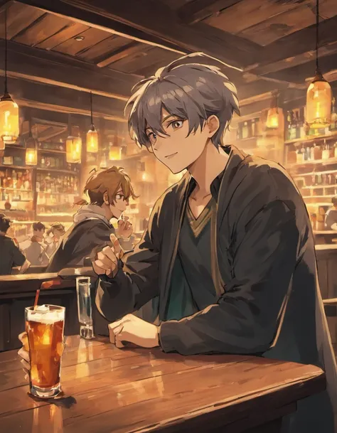 Young men are happily drinking in a tavern。