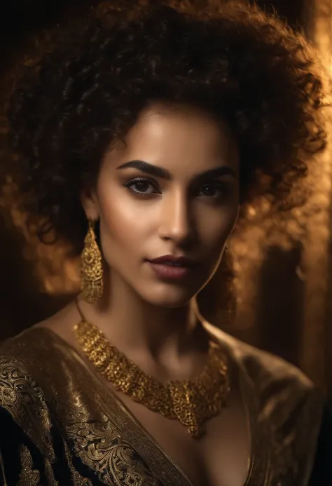 female young woman with curly hair, wearing a gold collar, in the style of gothic dark intensity, abdel hadi al gazzar, backlit photography, culturally diverse elements, metalwork jewelry, 32k uhd, beach portraits