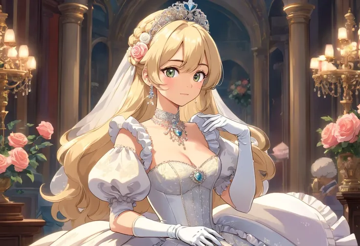 A stunningly beautiful blonde fairytale Princess shining with Royal Pomp and Regal Splendor, wearing a Stately and (((Elaborate))) Royal Cinderella Wedding Dress of Silver and White Brocade, with (((enormous puffed sleeves))) a stiffly boned, padded and co...