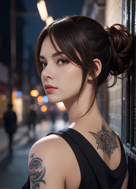 tattoo girl, very beautiful, murderous, handsome girl, (random hairstyle), betrayal, anger, night alley, 8K, dynamic wallpaper, very delicate, very dense