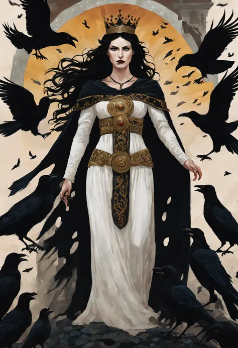 Celtic Goddess Morrigan, a white queen with dark hair and a crown wearing a very dark dress and surrounded by crows looking at a battle