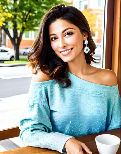 pleasant eyes, (boca relaxante: 1.2), (boca sorridente: 0.1), olhar reto, uma mulher de 45 anos (preto: 1.2), cabelo liso curto, wearing an off-the-shoulder sweater, retrato em close-up, in an outdoor café in 2015, luz da tarde, miss usa