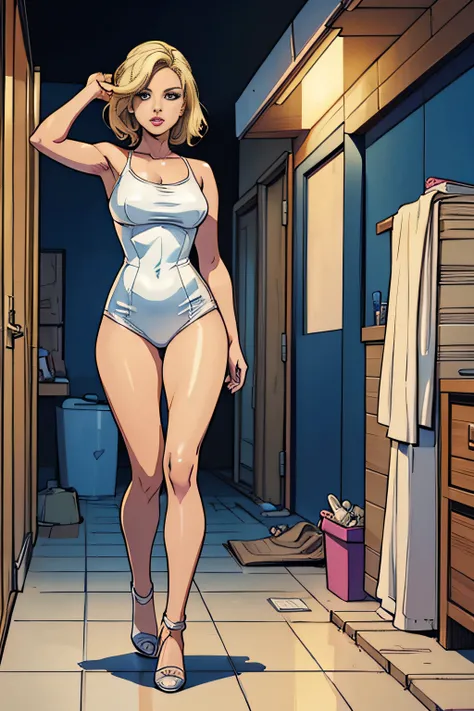 Comic Storyboard:1.8, cartoon strip,comic:: Jennifer Lawrence,Selena Gomez(1 mujer) Full body of 30-year-old blonde,bathing ,en una casa futurista, Estilo Comic de Marvel, hiperHD, 24K UHD