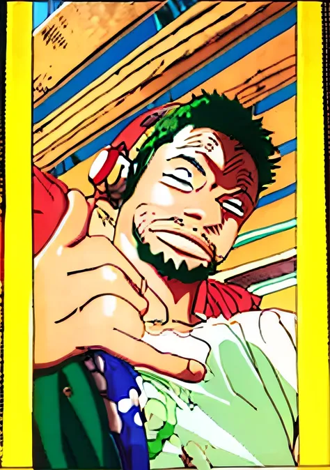 Theres a man with headphones on and hanging loose to the camera and hes wearing a green shirt, Desenho estilo anime, Eiichiro Oda Reference, Rapaz de 18 anos com aparencia do personagem Zoro de One Piece, Cabelos castanho, Alta qualidade,