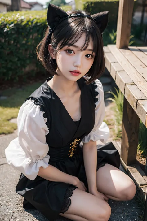 One Woman,Black and gold Gothic Lolita,wariza,Petanko sitting,Cute face,Big eyes,Cool Face,Purple Shorthair,Looking at Viewer,plein air,masutepiece, extremely fine and beautiful,Photorealistic,Japanese