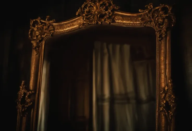 an image of a creepy antique mirror. The image in the dark mirror in a spooky house