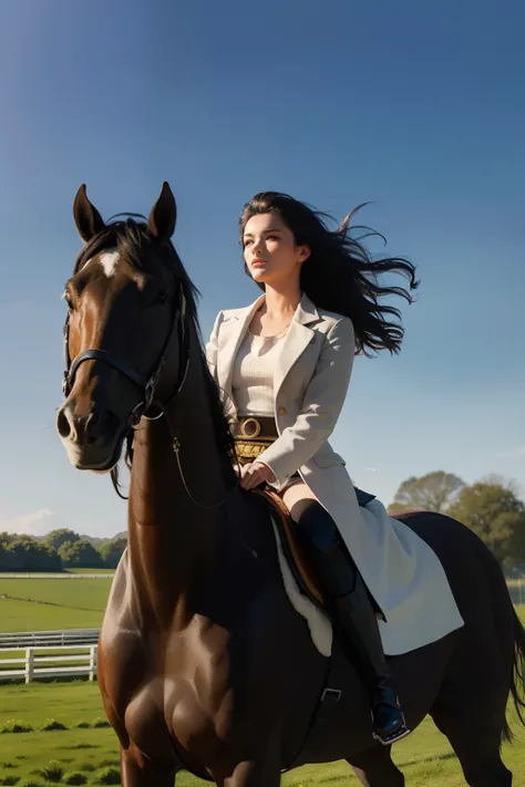 The image shows a woman riding a white horse in an open field. The woman is dressed in the attire of a warrior from 10th century England. She has long dark hair flowing down her back. Her face is beautiful and expressive, with dark eyes and a radiant smile...