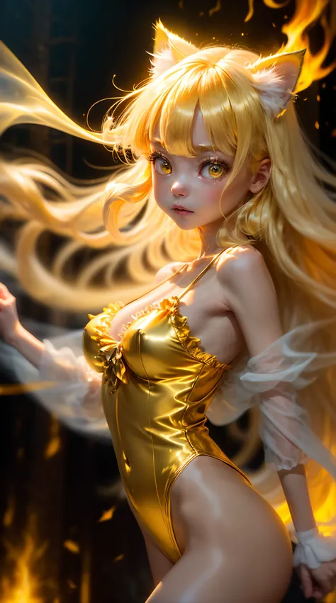 Best Quality, Masterpiece, 8k, RAW, Cute yellow Silk Cat Ear Girl Naked, (Ghost-Girl:1.4), blonde long hair, cute yellow Lingerie, (engulfed in golden Flames:1.2), ghostly light, eerie Atmosphere, (full-body Portrait), Deep-Woods, (Fog:1.2), (Glowing Eyes:...