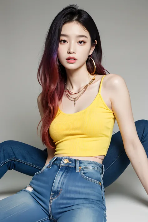 (extra detailed body、extra detailed face、best qualtiy:1.2)、femele、looking at the viewers、(Hair color with white and red and light blue and yellow gradient、Half Top、Shoulder-length piercings、a necklace、Hippie、damage jeans)、（Woodstock)