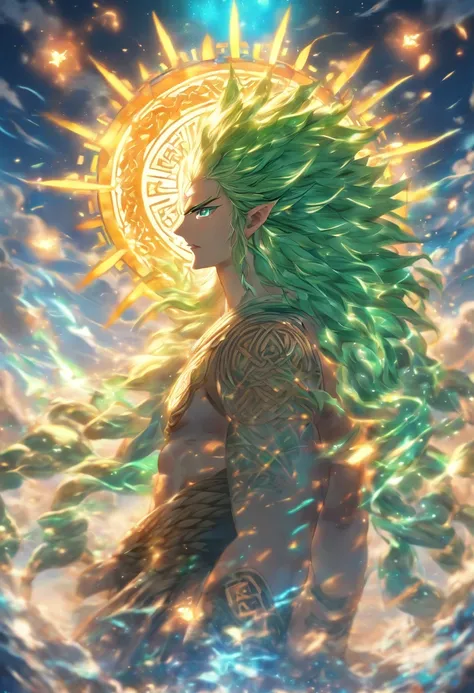 (((BEAUTIFUL))) best quality, ultra-high resolution, 4K detailed CG, master piece,Celtic god,sun,Summer god ,Celtic clothing,Celtic mythology, ((standing pose)) , Celtic image, aesthetic, centered on screen