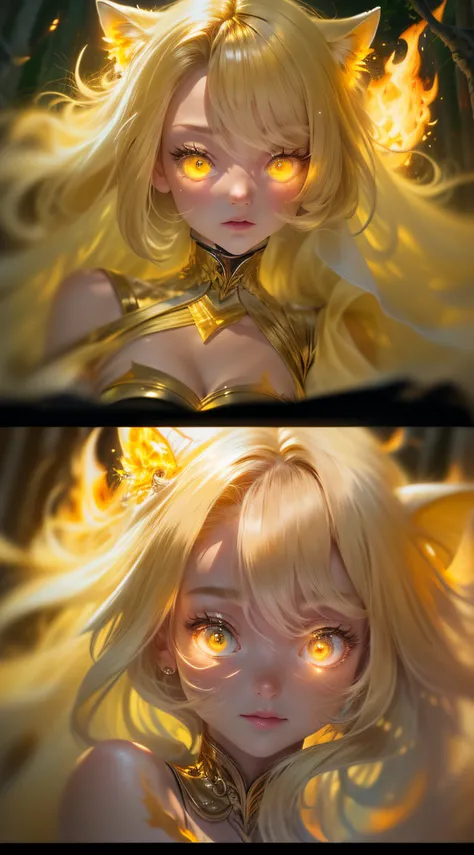 Best Quality, Masterpiece, 8k, RAW, Cute yellow Silk Cat Ear Girl Naked, (Ghost-Girl:1.4), blonde long hair, cute yellow Lingerie, (engulfed in golden Flames:1.2), ghostly light, eerie Atmosphere, (full-body Portrait), Deep-Woods, (Fog:1.2), (Glowing Eyes:...