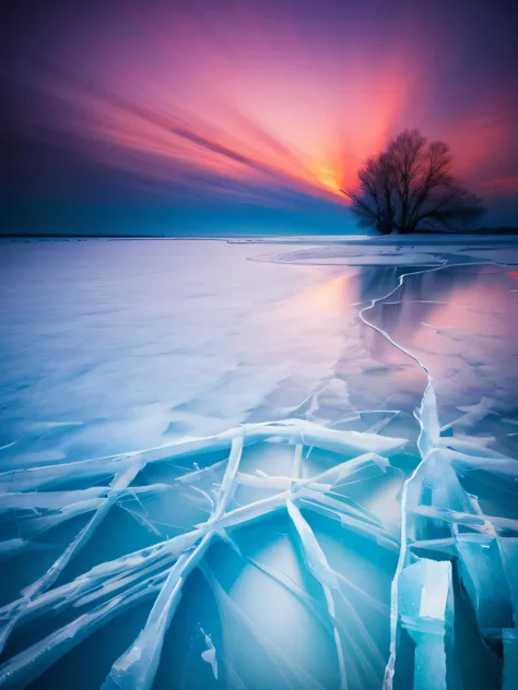 Sunset view over frozen lake with ice trail, glowing cracks, Cold Sunset, Frozen lake, Surreal frozen landscape, National Geographic Photo", Frozen Sea, Stunning photography, Фото National Geographic, Stunning photography, Фотография National Geographic, Ф...