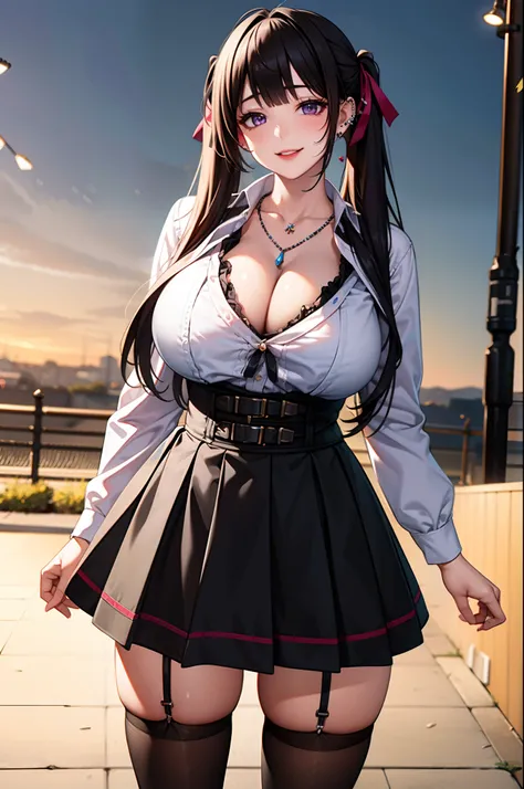 masterpiece, best quality, highres, hs1, light purple eyes, wide hips, thick thighs upskirt, long sleeves, cleavage, long brown hair, twin tails, blunt bangs, streaky hair, pink cardigan, black thighhighs, micro skirt, plaid skirt, red ribbon, garter strap...