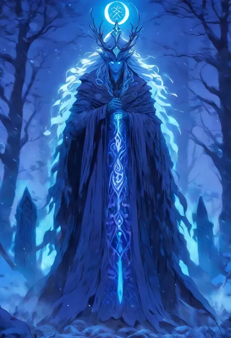 (((CAILLEACH))) best quality, ultra-high resolution, 4K detailed CG, master piece,Celtic god,cold,God of winter ,Celtic clothing,Celtic mythology, ((standing pose)) , Celtic image, aesthetic, centered on screen