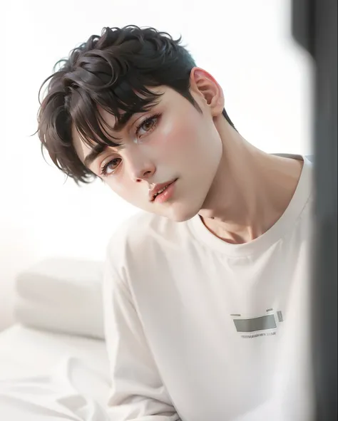 a close up of a person named chaeunwoo sitting on a bed with a white shirt, kim doyoung, jung jaehyun, male ulzzang, hyung tae, jinyoung shin, wan adorable korean face, hong june hyung, headshot profile picture, heise jinyao, shin jeongho, boy has short bl...