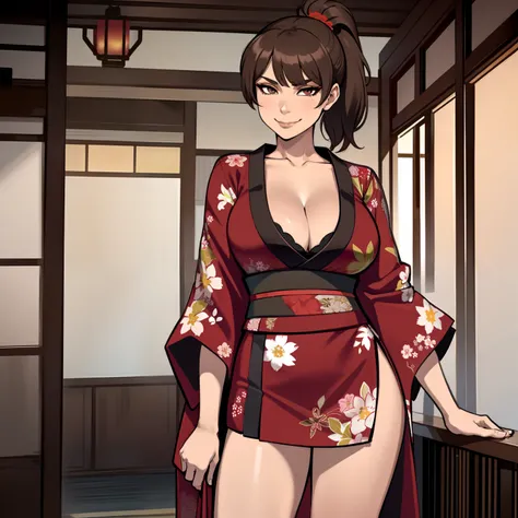 one female with short ponytail brown haircut, has brown eyes, long form fitting red floral kimono, alone, solo, (ALONE)(SOLO), showing cleavage, facing forward, looking at me, looking forward, smirk, showing full legs, looking casual