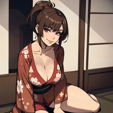 one female with short ponytail brown haircut, has brown eyes, long form fitting red floral kimono, alone, solo, (ALONE)(SOLO), showing cleavage, facing forward, looking at me, looking forward, smirk, showing full legs, looking casual